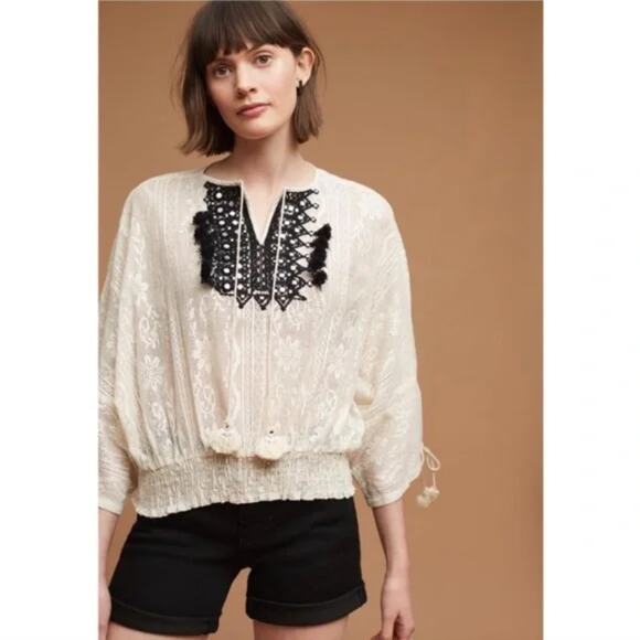 Vineet Bahl Lona Top Womens Sz Small Cream Black Tassels Lace Boho Anthro *FLAW - Picture 9 of 11